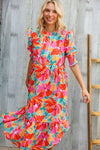 Dazzle In Orange & Aqua Floral Smocked Notched Neck Midi Dress - Nikki and Co Boutique