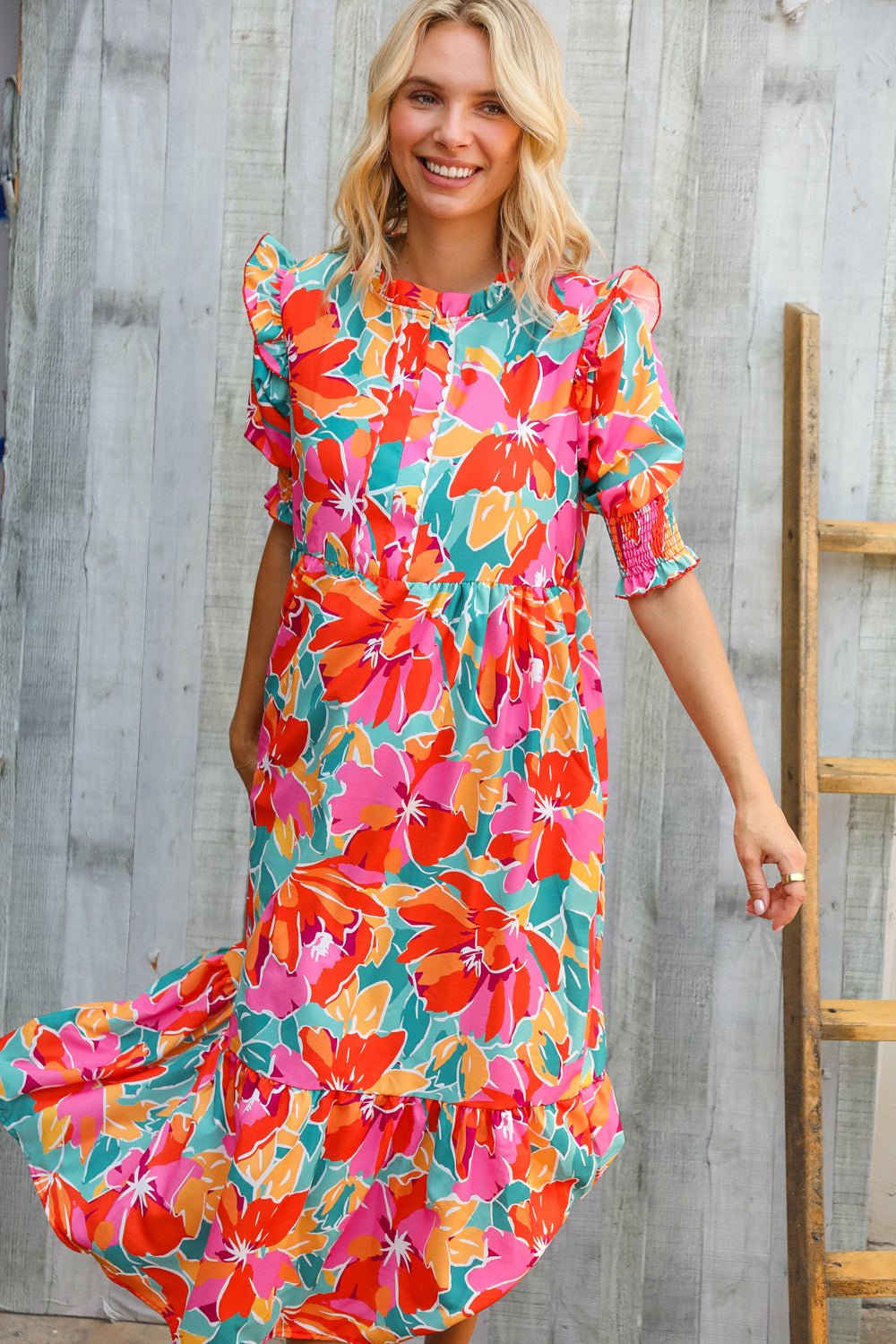 Dazzle In Orange & Aqua Floral Smocked Notched Neck Midi Dress - Nikki and Co Boutique