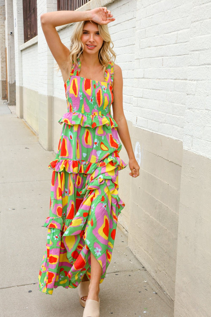 Sunny Days Abstract Print Tiered Ruffle Smocked Sleeveless Maxi - Nikki &amp; Co. Boutique