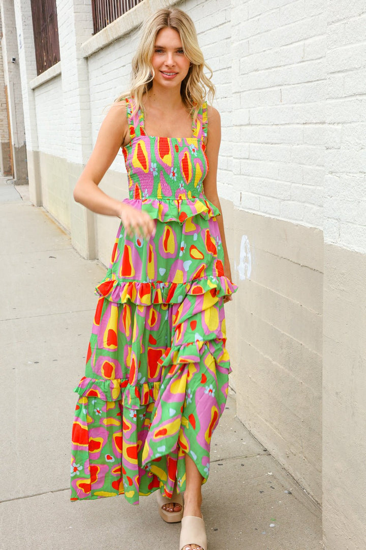 Sunny Days Abstract Print Tiered Ruffle Smocked Sleeveless Maxi - Nikki &amp; Co. Boutique