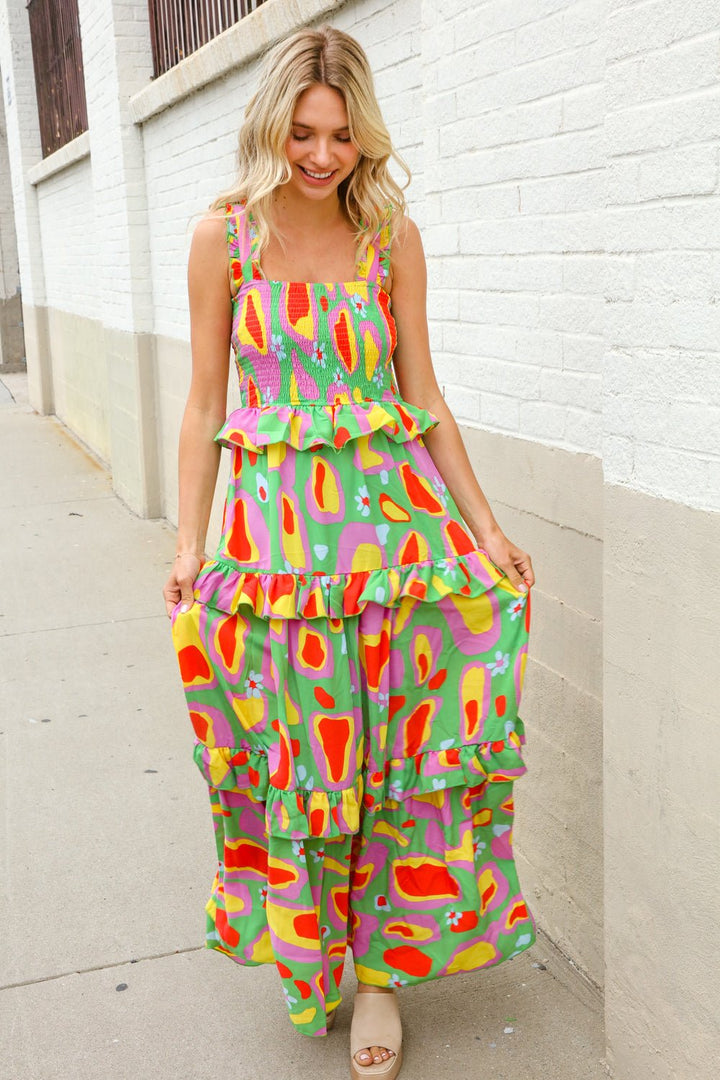 Sunny Days Abstract Print Tiered Ruffle Smocked Sleeveless Maxi - Nikki &amp; Co. Boutique