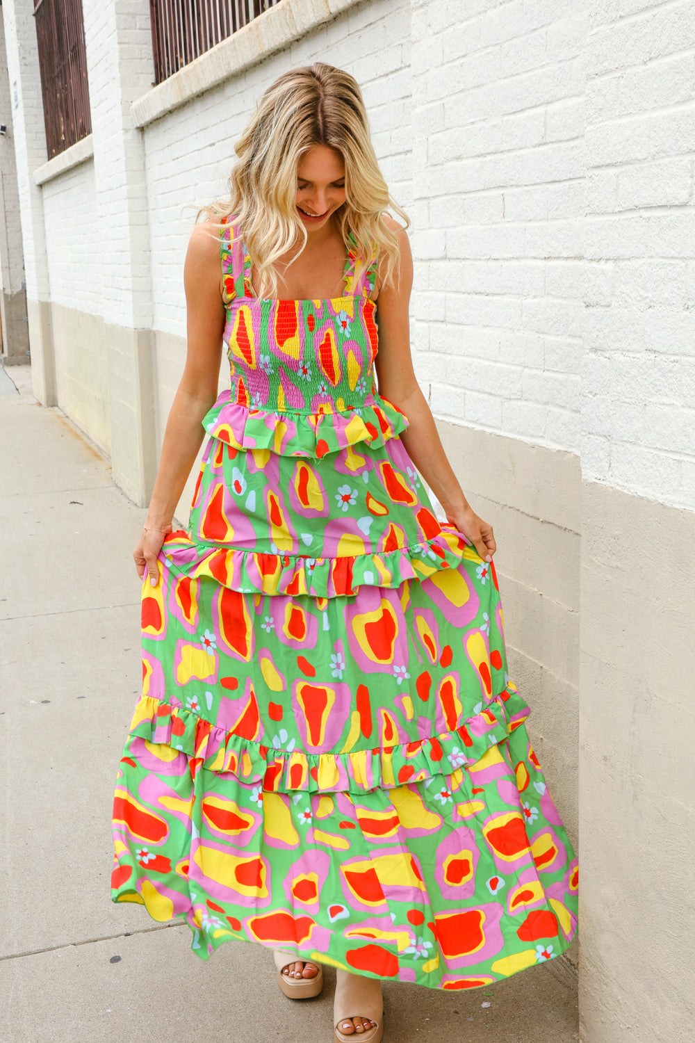 Sunny Days Abstract Print Tiered Ruffle Smocked Sleeveless Maxi