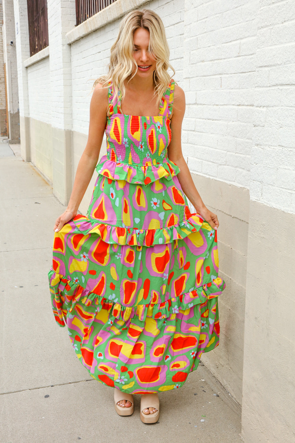 Sunny Days Abstract Print Tiered Ruffle Smocked Sleeveless Maxi