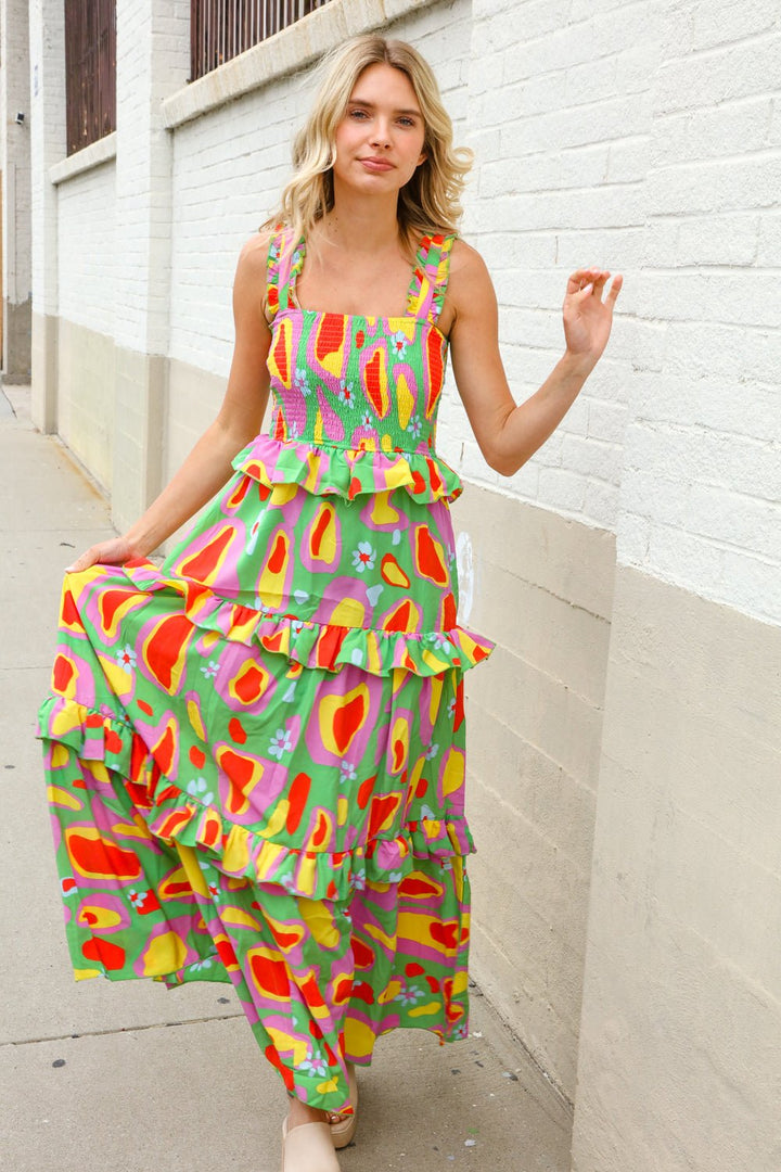 Sunny Days Abstract Print Tiered Ruffle Smocked Sleeveless Maxi - Nikki &amp; Co. Boutique