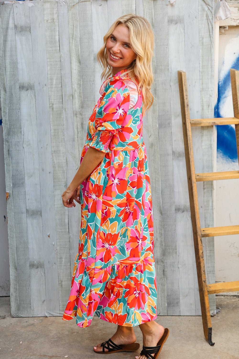 Dazzle In Orange & Aqua Floral Smocked Notched Neck Midi Dress - Nikki and Co Boutique