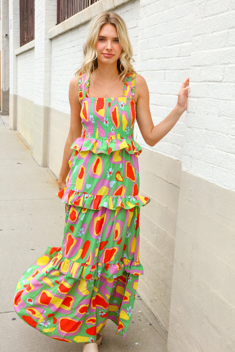 Sunny Days Abstract Print Tiered Ruffle Smocked Sleeveless Maxi - Nikki &amp; Co. Boutique
