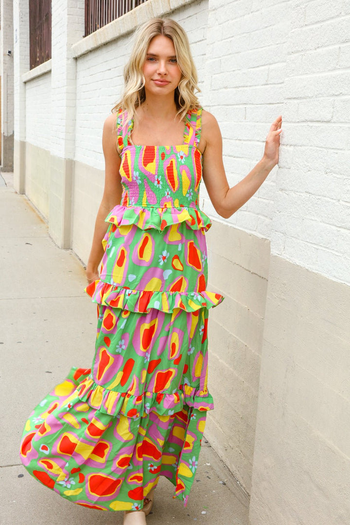 Sunny Days Abstract Print Tiered Ruffle Smocked Sleeveless Maxi - Nikki &amp; Co. Boutique