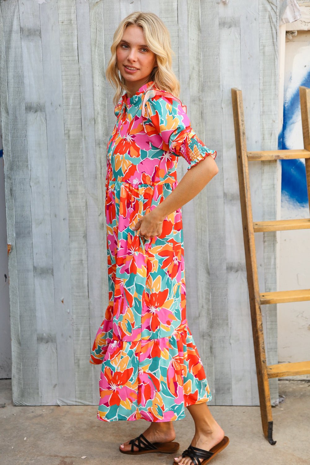 Dazzle In Orange & Aqua Floral Smocked Notched Neck Midi Dress - Nikki and Co Boutique
