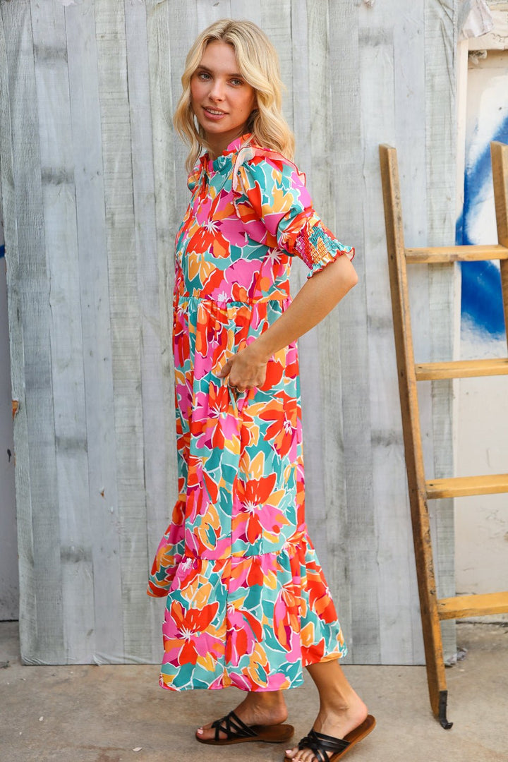 Dazzle In Orange &amp; Aqua Floral Smocked Notched Neck Midi Dress | Nikki &amp; Co. Boutique