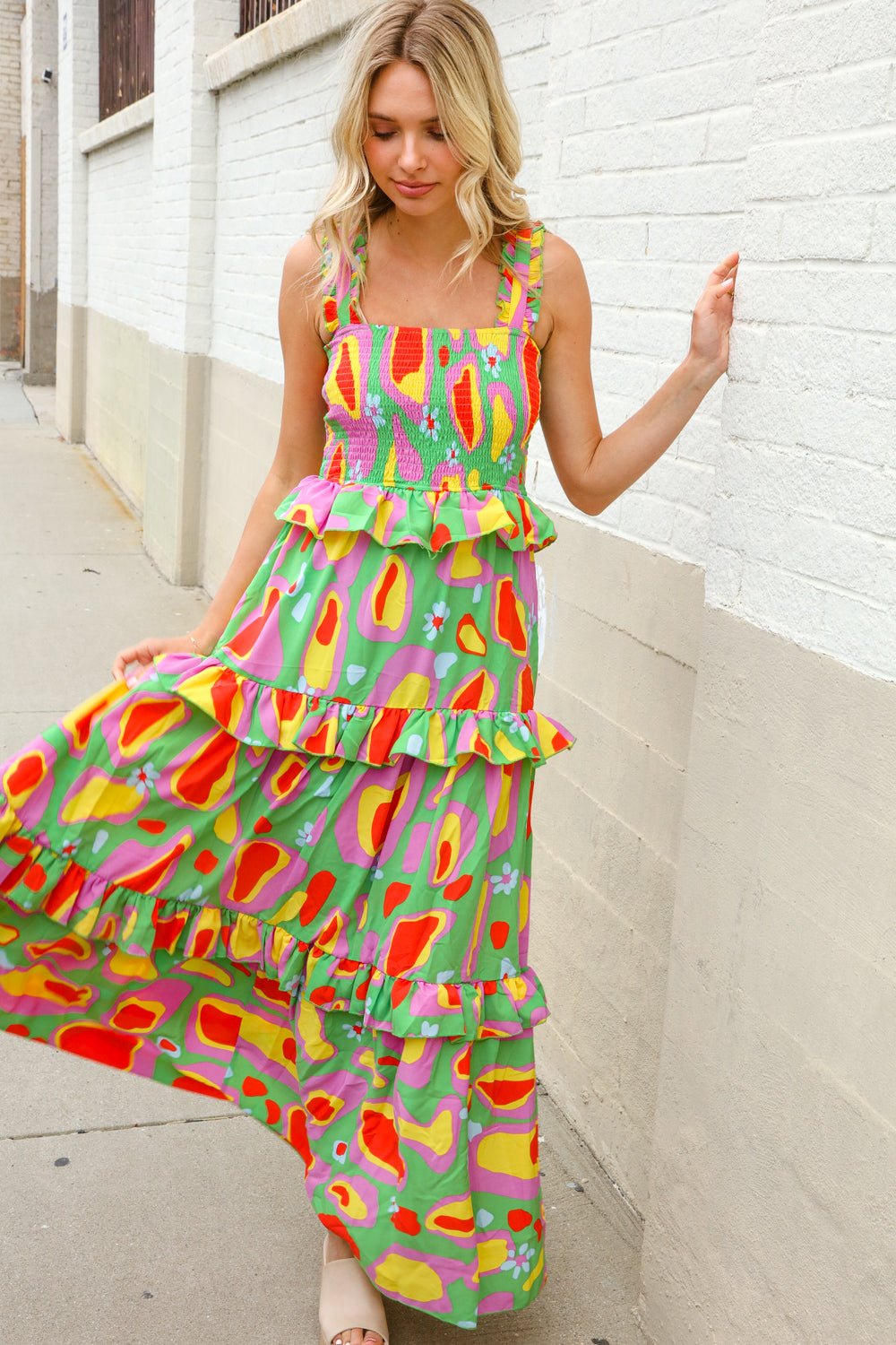 Sunny Days Abstract Print Tiered Ruffle Smocked Sleeveless Maxi - Nikki &amp; Co. Boutique