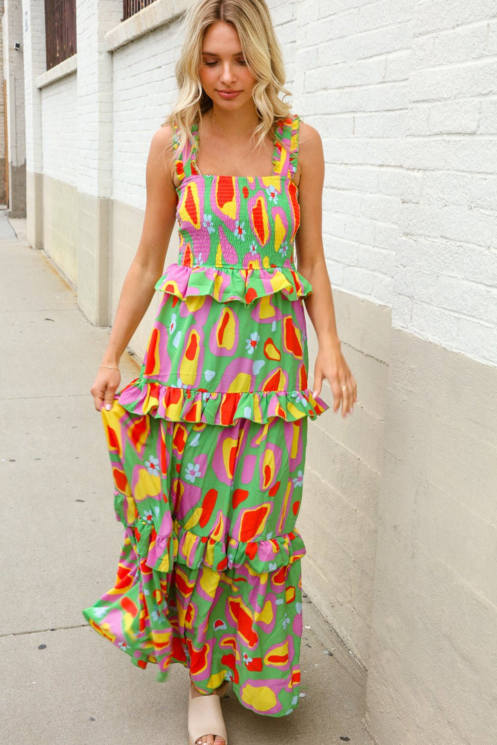 Sunny Days Abstract Print Tiered Ruffle Smocked Sleeveless Maxi - Nikki &amp; Co. Boutique