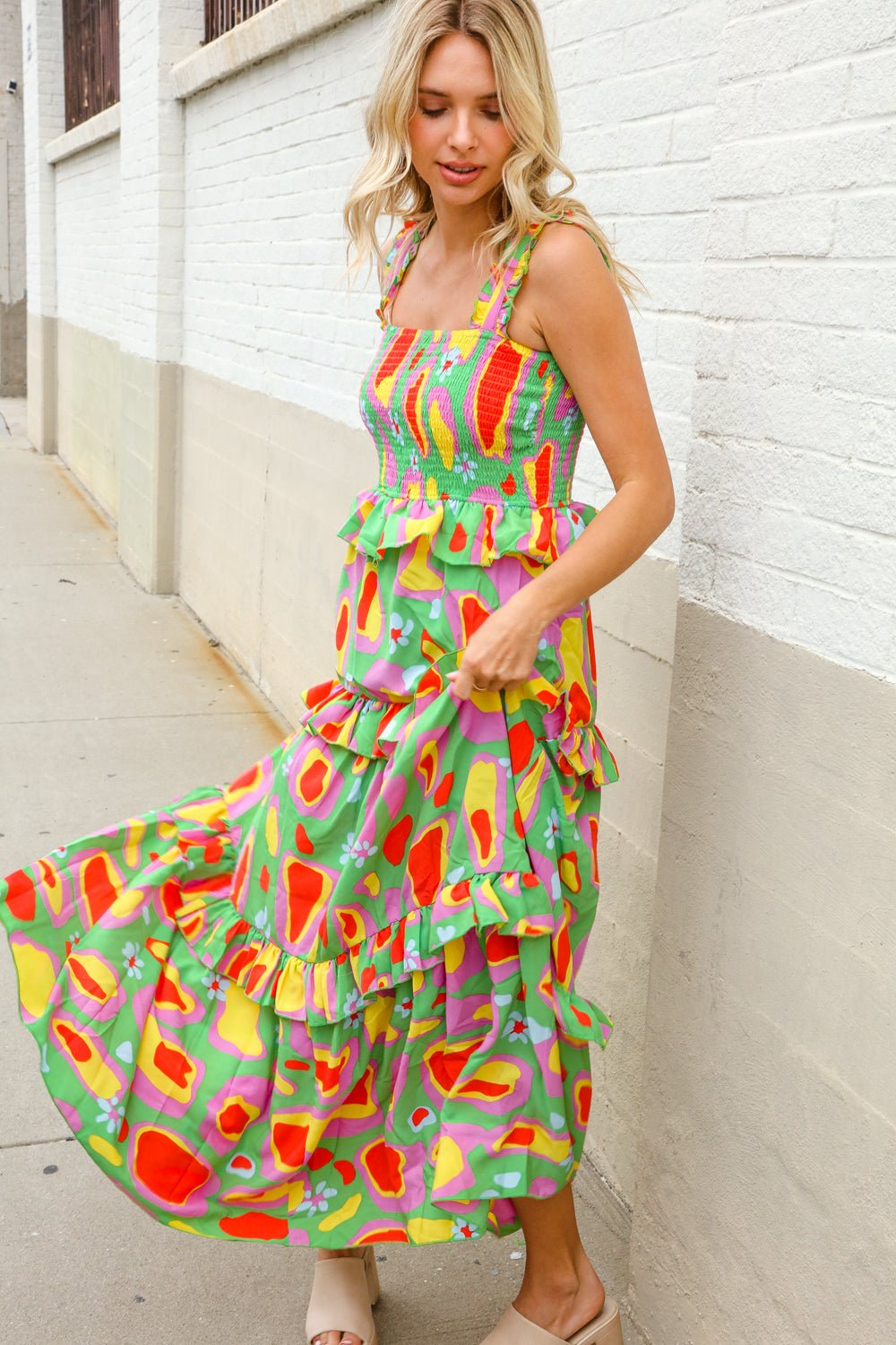 Sunny Days Abstract Print Tiered Ruffle Smocked Sleeveless Maxi - Nikki &amp; Co. Boutique
