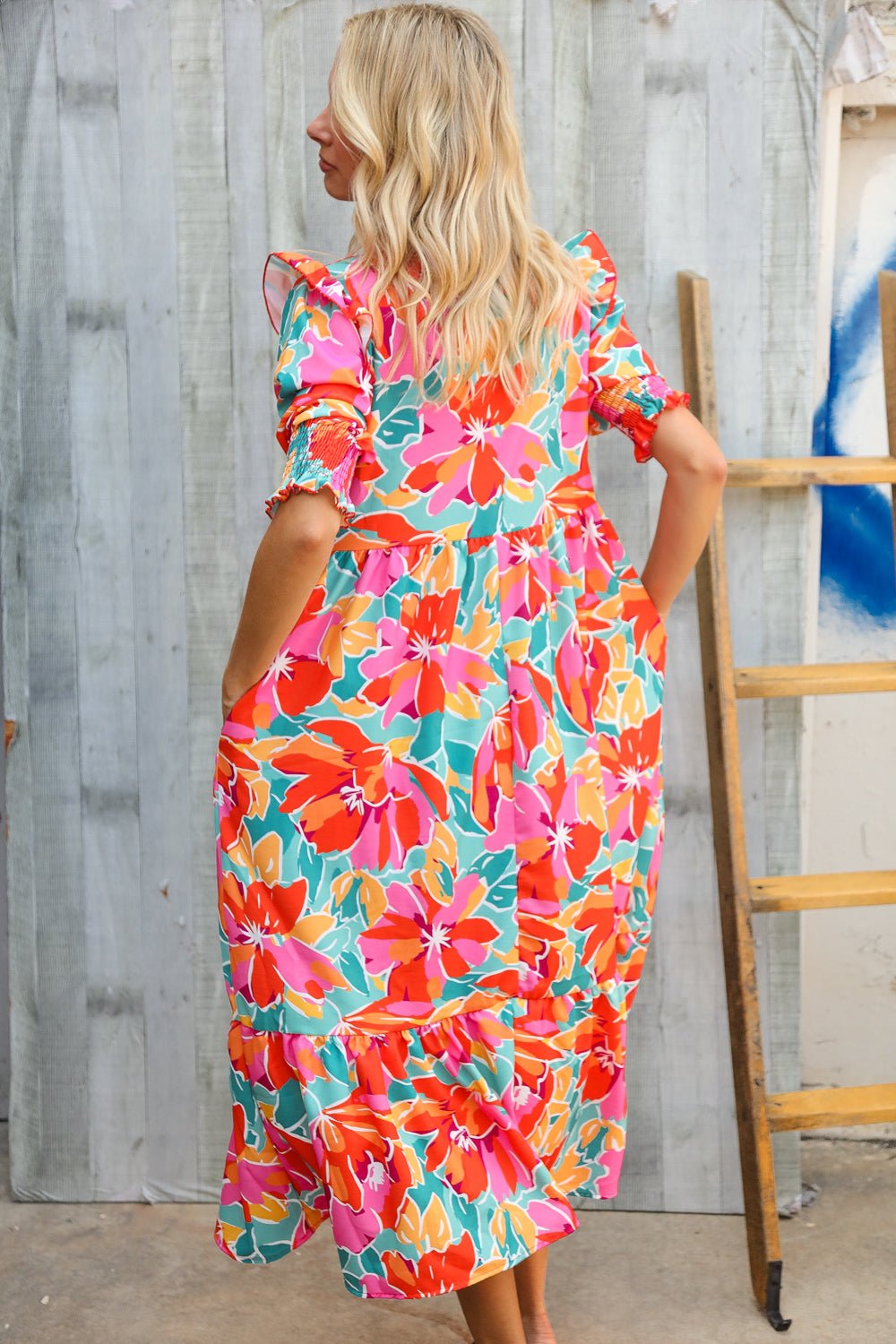 Dazzle In Orange & Aqua Floral Smocked Notched Neck Midi Dress - Nikki and Co Boutique