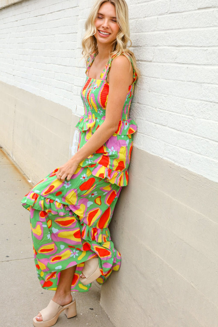 Sunny Days Abstract Print Tiered Ruffle Smocked Sleeveless Maxi - Nikki &amp; Co. Boutique