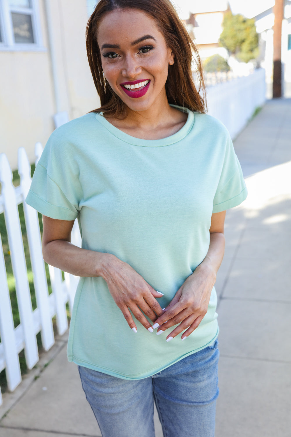 Casual Living Sage Terry Capped Shorts Sleeve Patch Back Tees | Nikki &amp; Co. Boutique