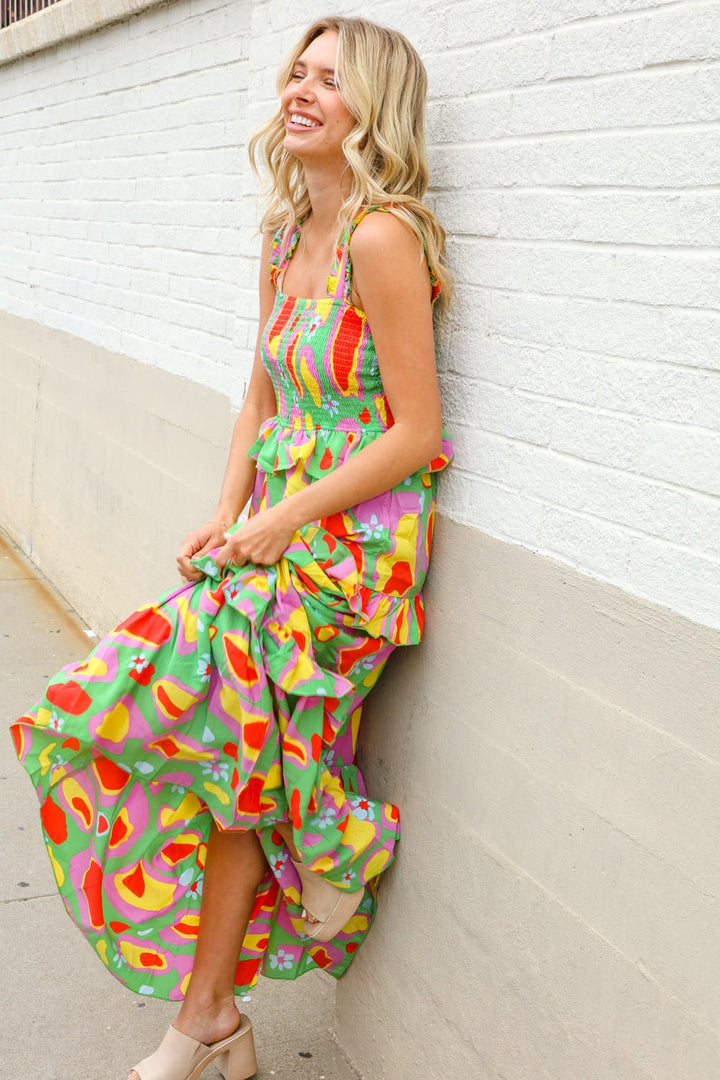 Sunny Days Abstract Print Tiered Ruffle Smocked Sleeveless Maxi - Nikki &amp; Co. Boutique