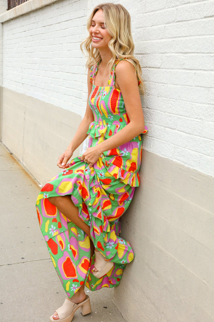Sunny Days Abstract Print Tiered Ruffle Smocked Sleeveless Maxi - Nikki &amp; Co. Boutique