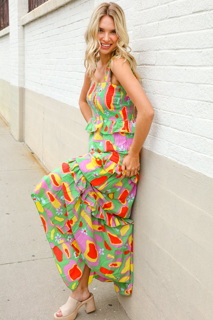 Sunny Days Abstract Print Tiered Ruffle Smocked Sleeveless Maxi - Nikki &amp; Co. Boutique