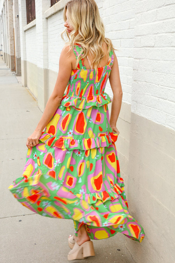 Sunny Days Abstract Print Tiered Ruffle Smocked Sleeveless Maxi - Nikki &amp; Co. Boutique