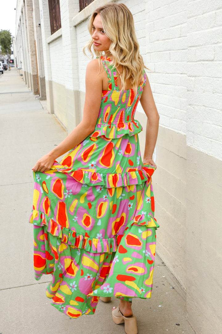 Sunny Days Abstract Print Tiered Ruffle Smocked Sleeveless Maxi - Nikki &amp; Co. Boutique