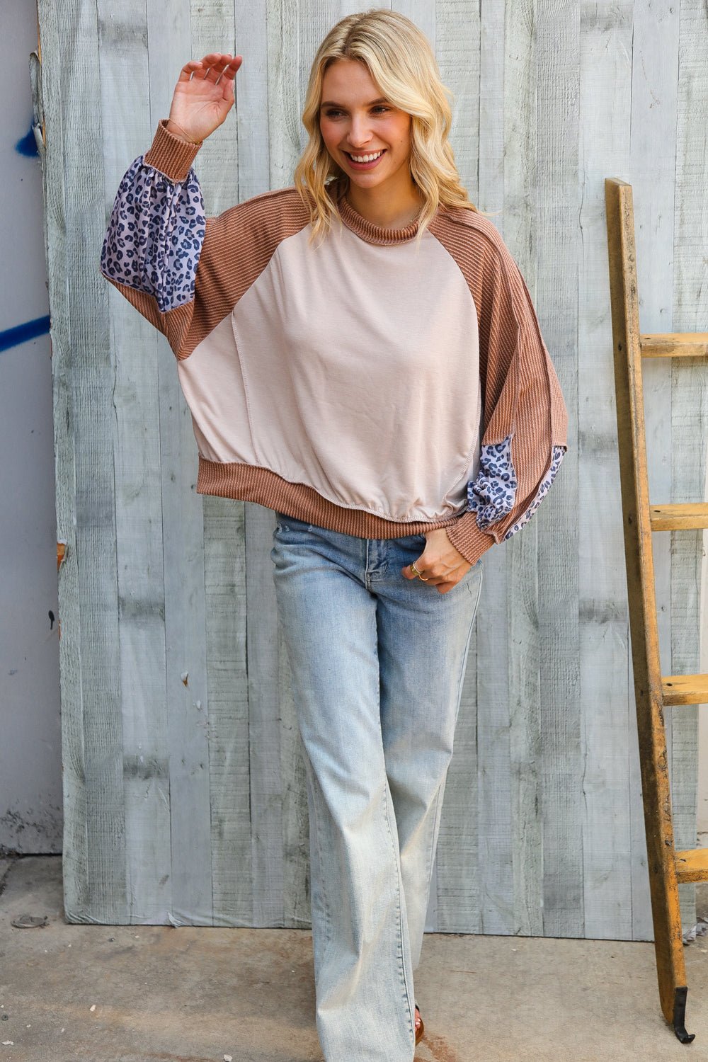 Lock Eyes Taupe & Animal Print Dolman Colorblock Terry Top - Nikki & Co. Boutique