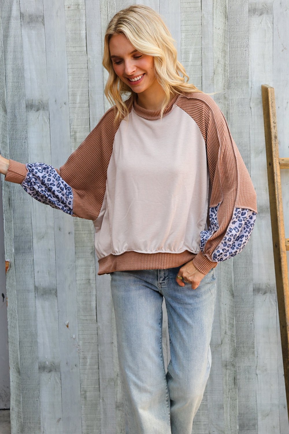 Lock Eyes Taupe & Animal Print Dolman Colorblock Terry Top - Nikki & Co. Boutique
