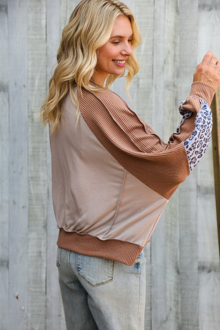 Lock Eyes Taupe &amp; Animal Print Dolman Colorblock Terry Top | Nikki &amp; Co. Boutique
