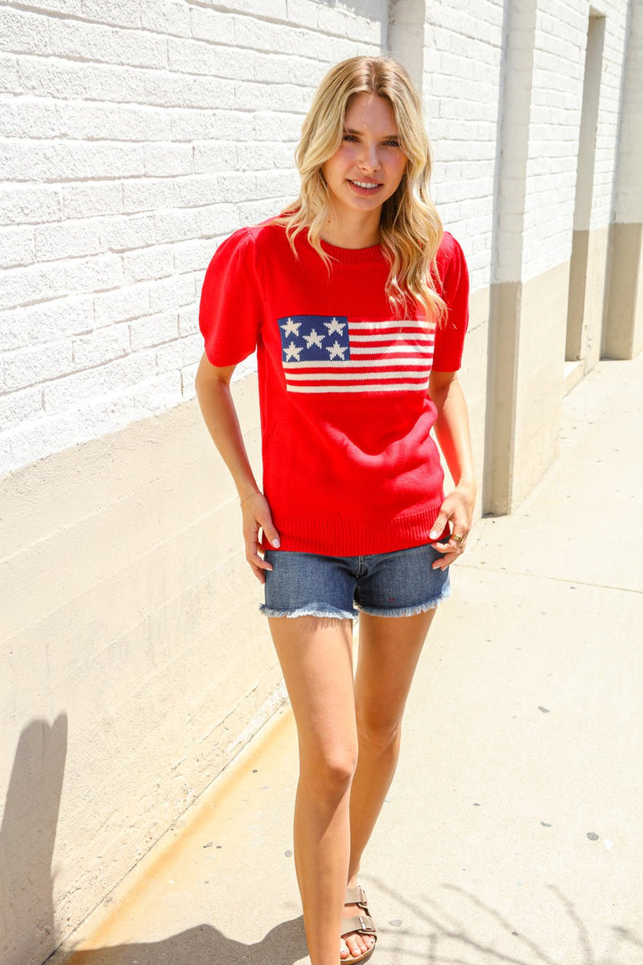 American Flag Bubble Shorts Sleeve Jacquard Sweater Knit Pullover - Nikki &amp; Co. Boutique