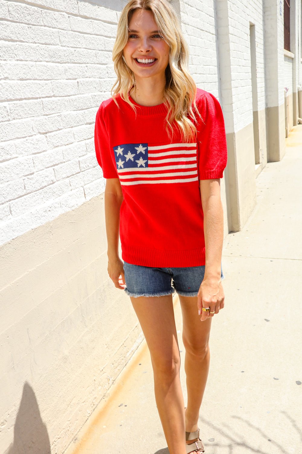 American Flag Bubble Shorts Sleeve Jacquard Sweater Knit Pullover - Nikki &amp; Co. Boutique