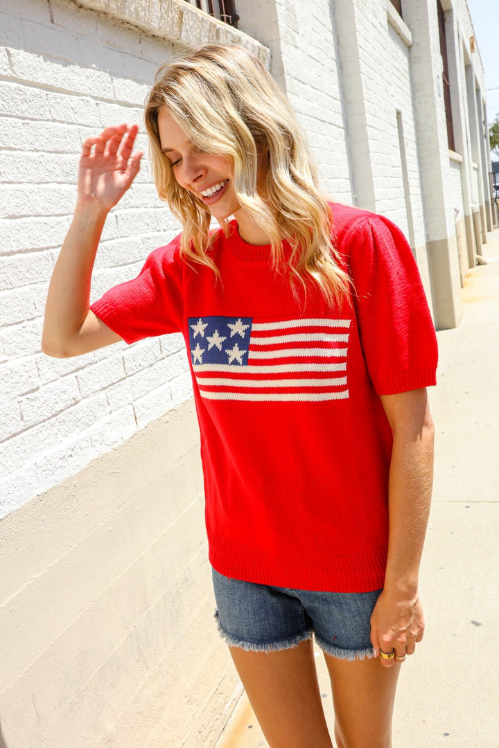 American Flag Bubble Shorts Sleeve Jacquard Sweater Knit Pullover - Nikki &amp; Co. Boutique