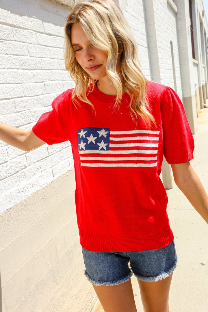 American Flag Bubble Shorts Sleeve Jacquard Sweater Knit Pullover - Nikki &amp; Co. Boutique