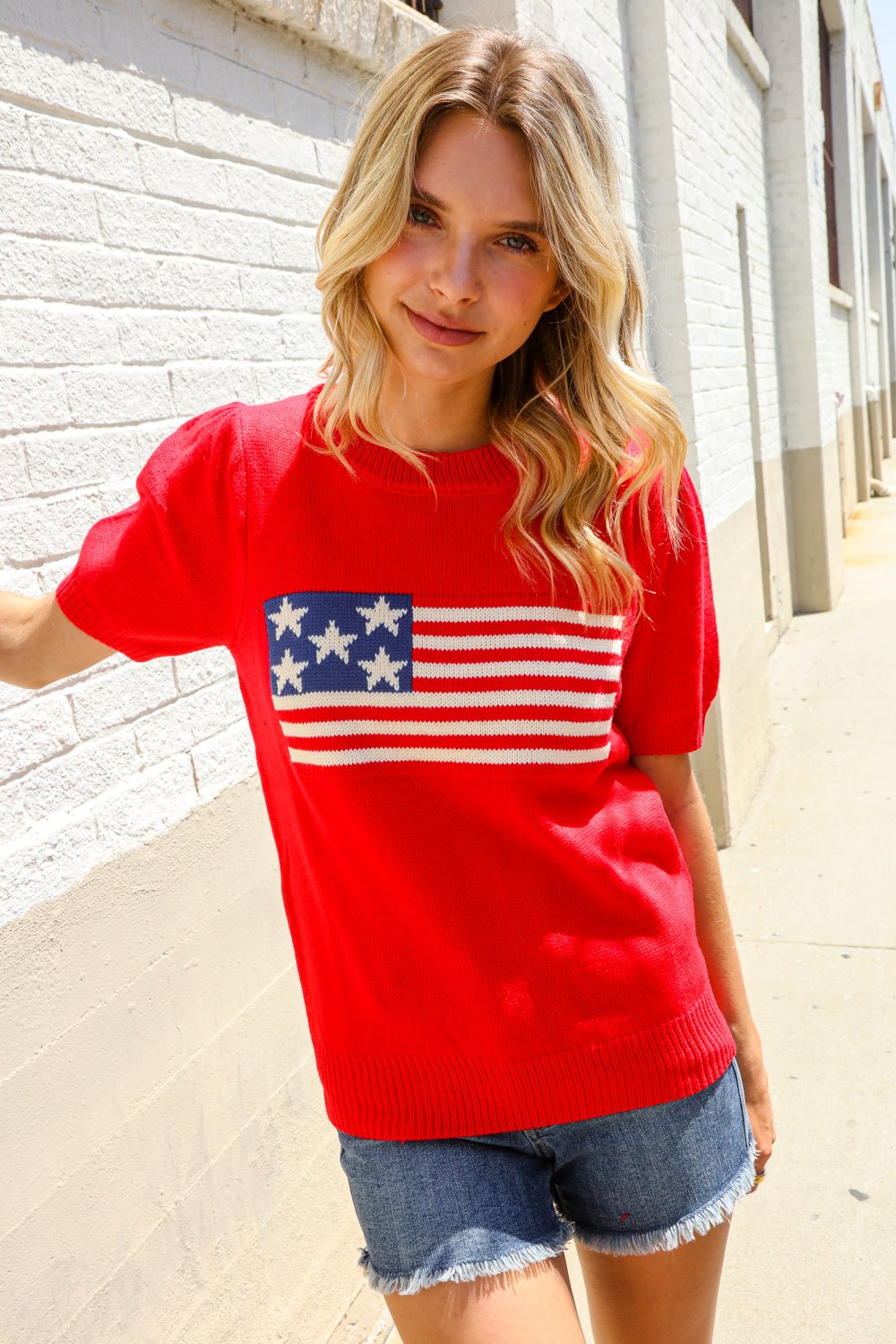 American Flag Bubble Shorts Sleeve Jacquard Sweater Knit Pullover - Nikki &amp; Co. Boutique