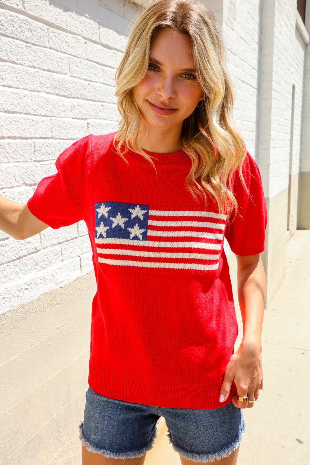 American Flag Bubble Shorts Sleeve Jacquard Sweater Knit Pullover - Nikki &amp; Co. Boutique