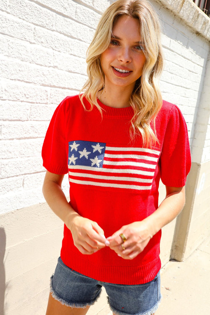 American Flag Bubble Shorts Sleeve Jacquard Sweater Knit Pullover - Nikki &amp; Co. Boutique