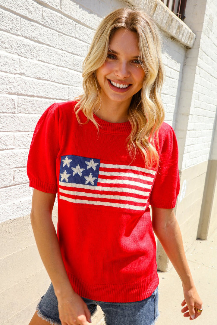 American Flag Bubble Shorts Sleeve Jacquard Sweater Knit Pullover - Nikki &amp; Co. Boutique