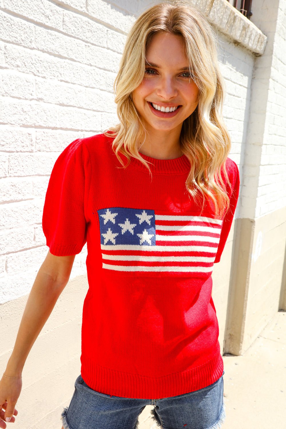 American Flag Bubble Shorts Sleeve Jacquard Sweater Knit Pullover - Nikki &amp; Co. Boutique
