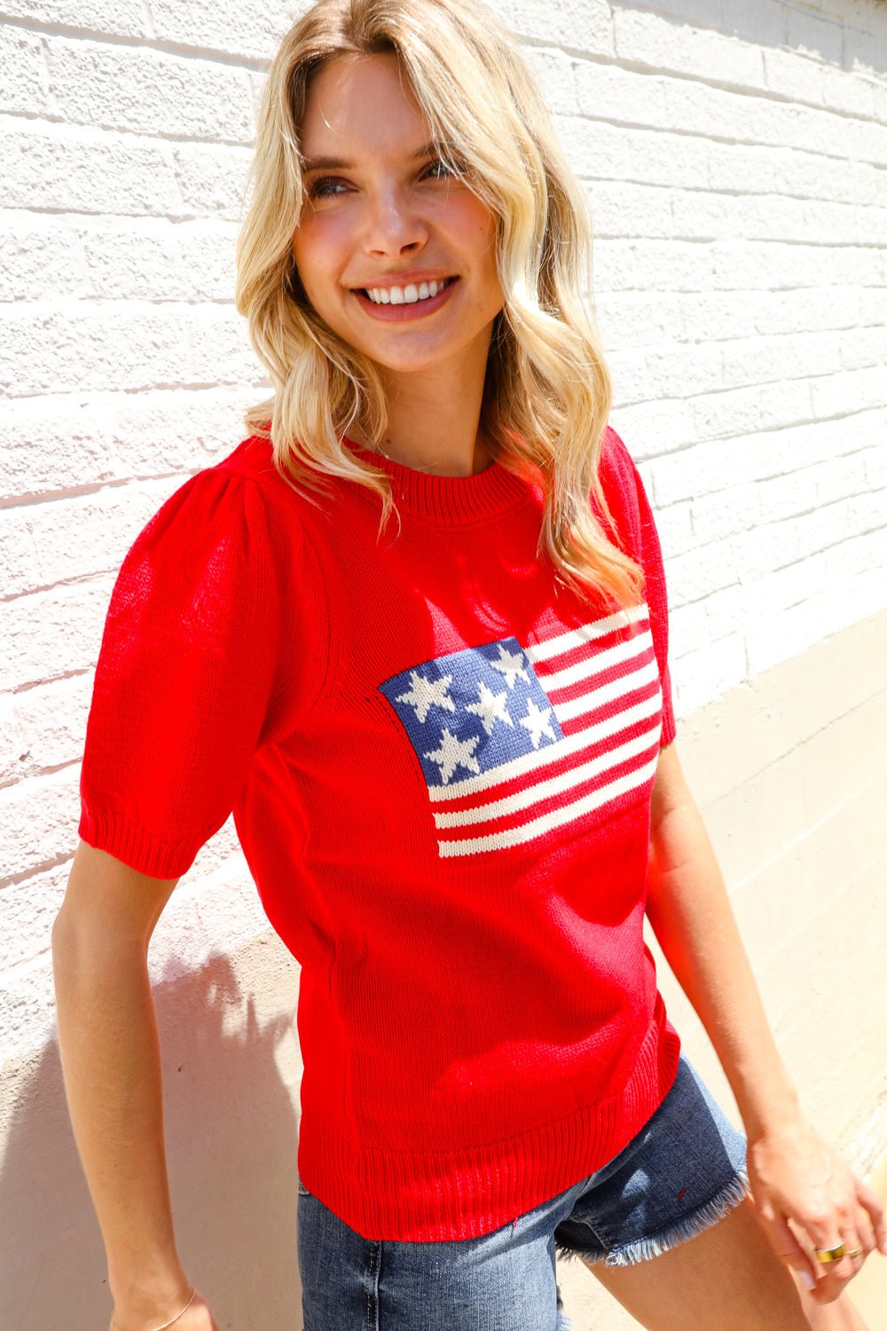 American Flag Bubble Shorts Sleeve Jacquard Sweater Knit Pullover - Nikki &amp; Co. Boutique