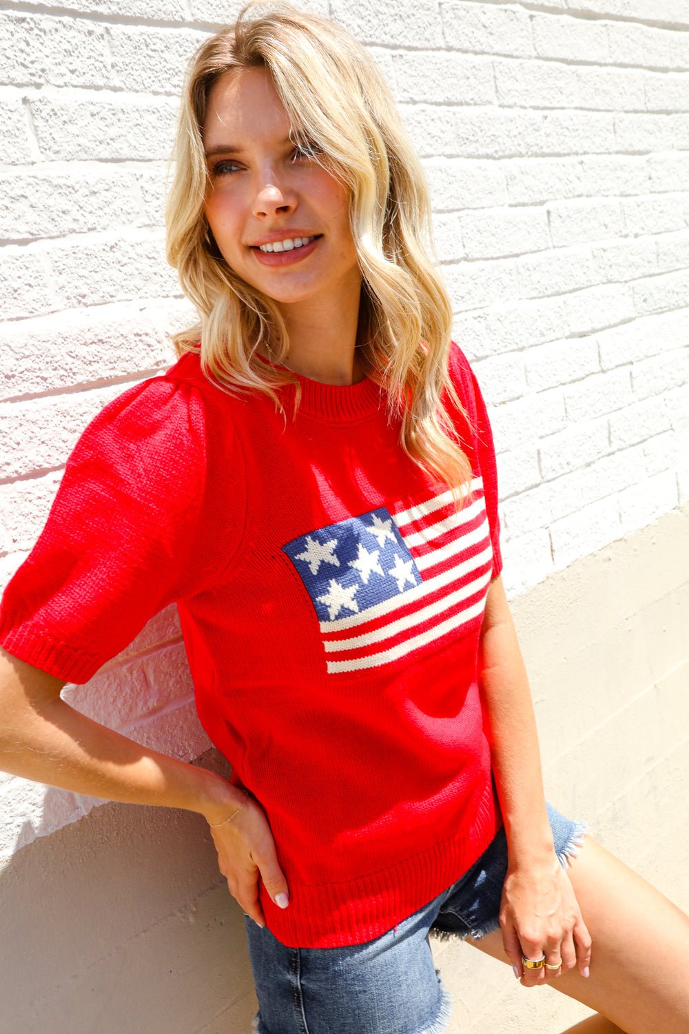 American Flag Bubble Shorts Sleeve Jacquard Sweater Knit Pullover - Nikki &amp; Co. Boutique