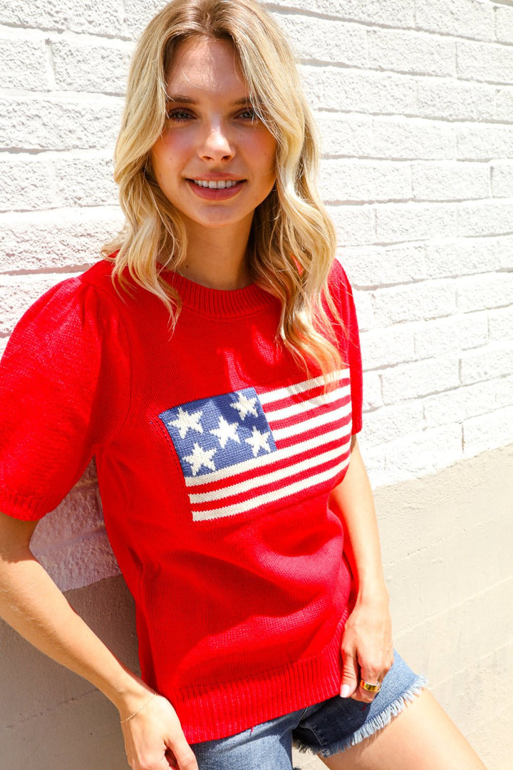 American Flag Bubble Shorts Sleeve Jacquard Sweater Knit Pullover - Nikki &amp; Co. Boutique