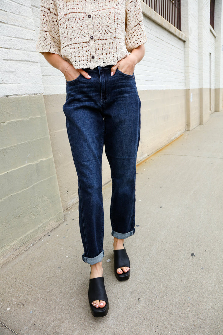 Judy Blue High-Rise Boyfriend Dark Blue Wash Jeans | Nikki &amp; Co. Boutique