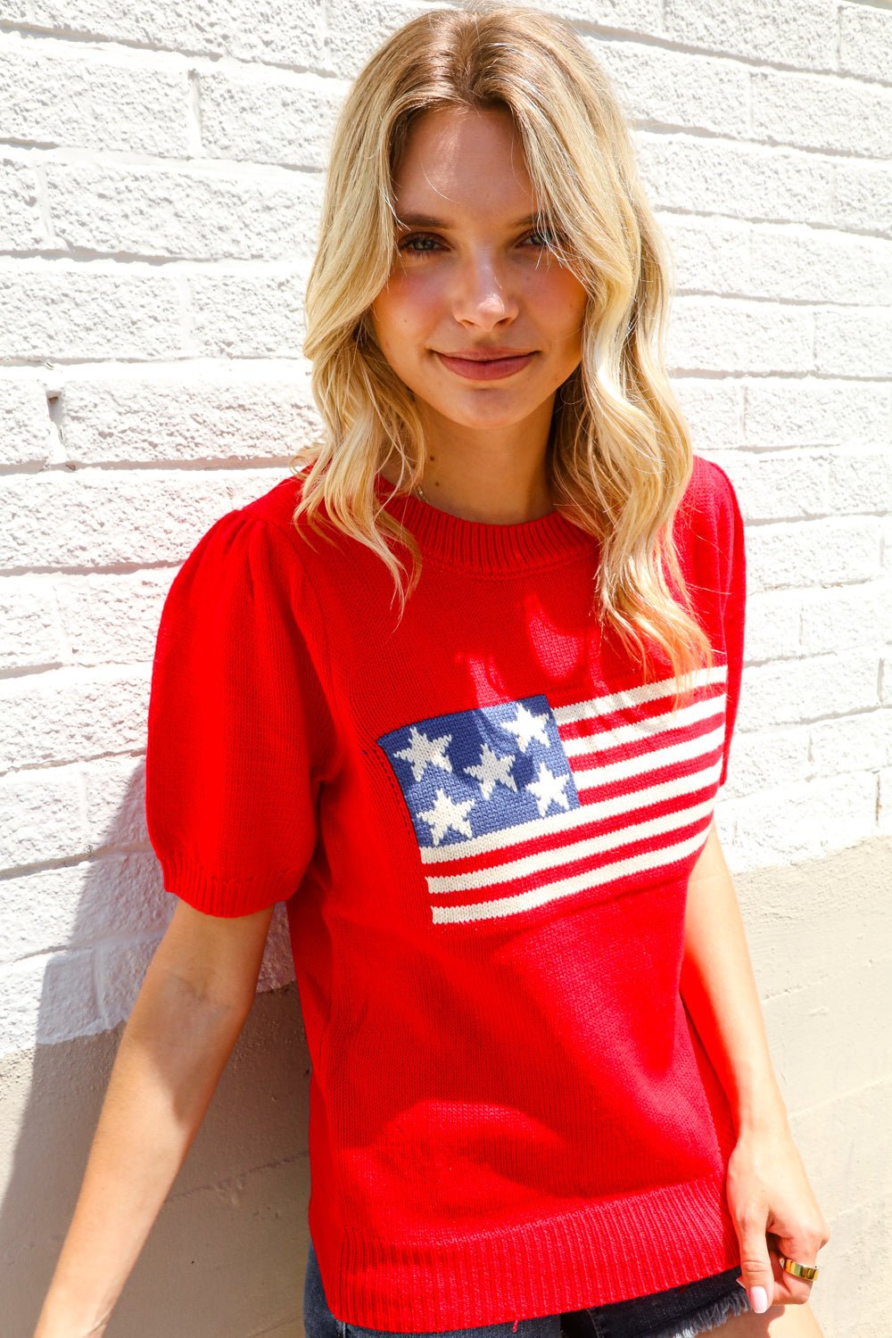 American Flag Bubble Shorts Sleeve Jacquard Sweater Knit Pullover - Nikki &amp; Co. Boutique