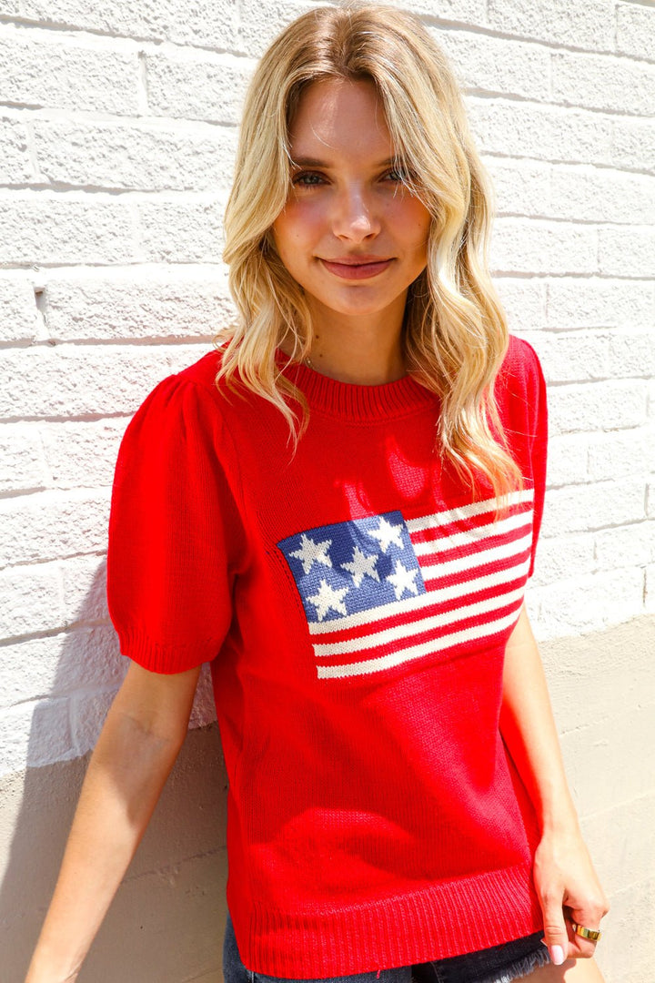 American Flag Bubble Shorts Sleeve Jacquard Sweater Knit Pullover - Nikki &amp; Co. Boutique
