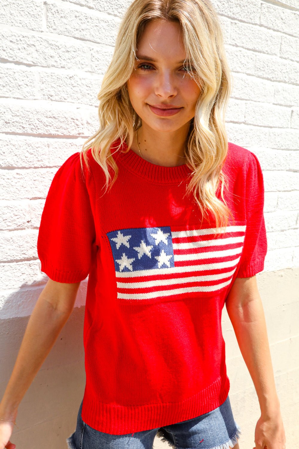 American Flag Bubble Shorts Sleeve Jacquard Sweater Knit Pullover - Nikki &amp; Co. Boutique