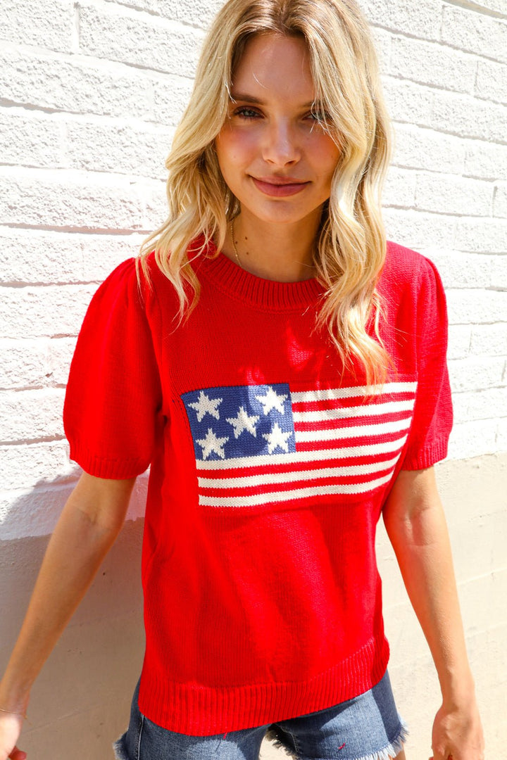 American Flag Bubble Shorts Sleeve Jacquard Sweater Knit Pullover - Nikki &amp; Co. Boutique