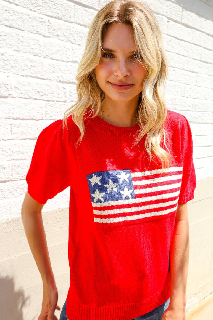 American Flag Bubble Shorts Sleeve Jacquard Sweater Knit Pullover - Nikki &amp; Co. Boutique