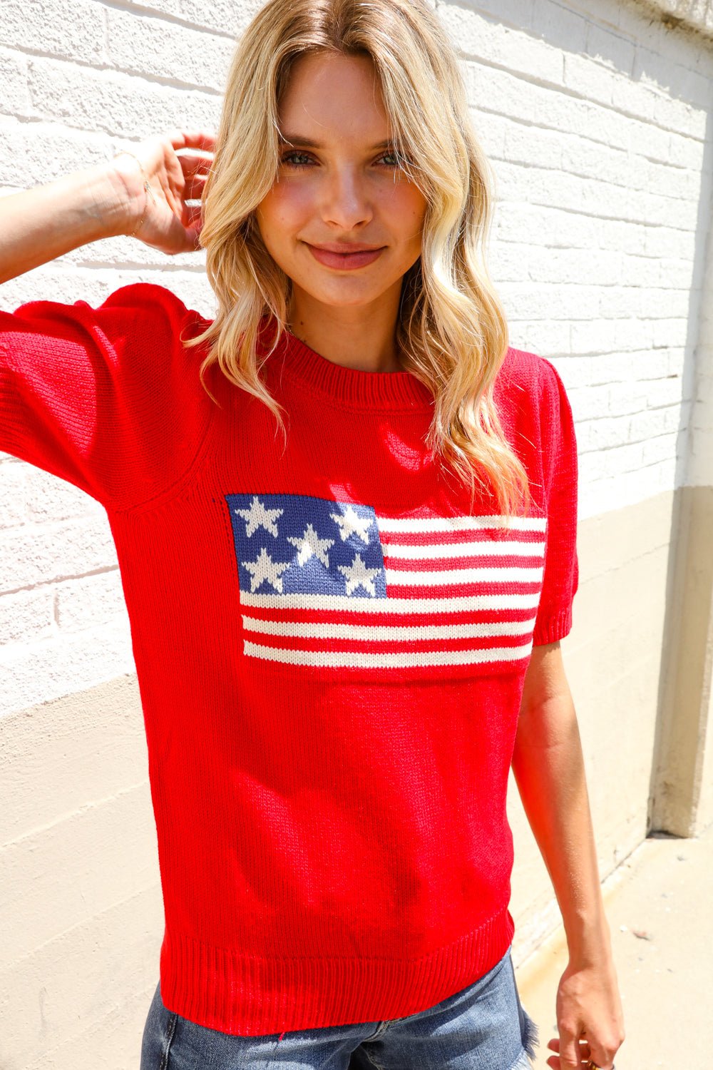 American Flag Bubble Shorts Sleeve Jacquard Sweater Knit Pullover - Nikki &amp; Co. Boutique