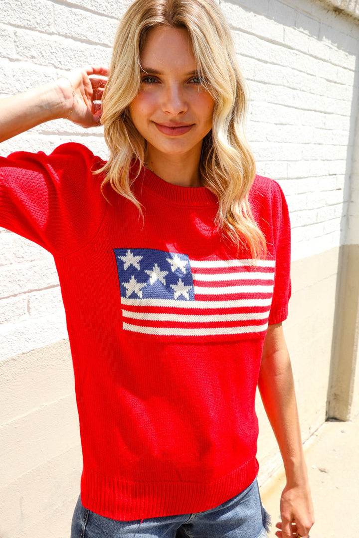 American Flag Bubble Shorts Sleeve Jacquard Sweater Knit Pullover - Nikki &amp; Co. Boutique