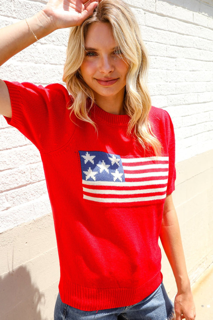 American Flag Bubble Shorts Sleeve Jacquard Sweater Knit Pullover - Nikki &amp; Co. Boutique