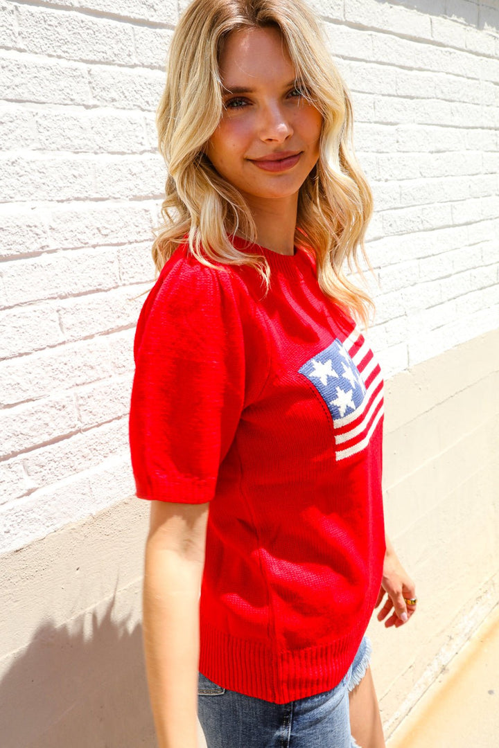 American Flag Bubble Shorts Sleeve Jacquard Sweater Knit Pullover - Nikki &amp; Co. Boutique