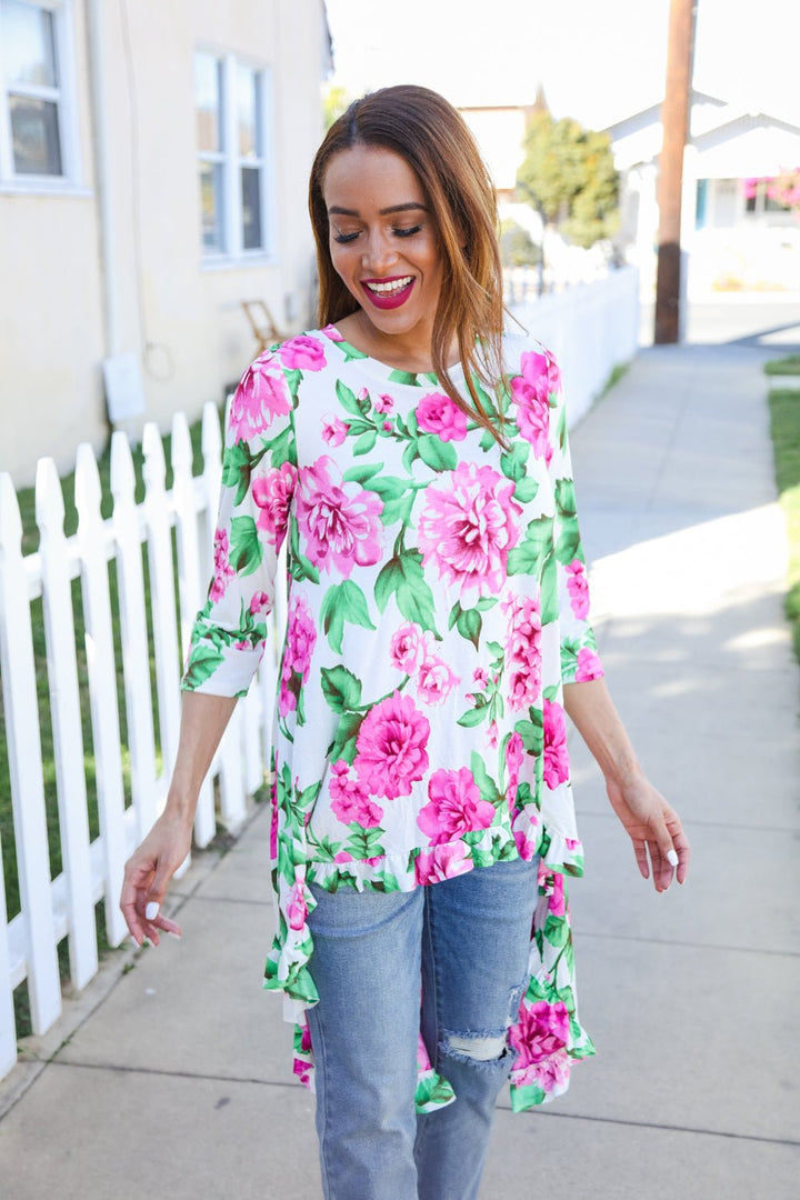 Be Bold Ivory Big Floral Hi - Lo Ruffle Hem Knit Tops - Nikki &amp; Co. Boutique